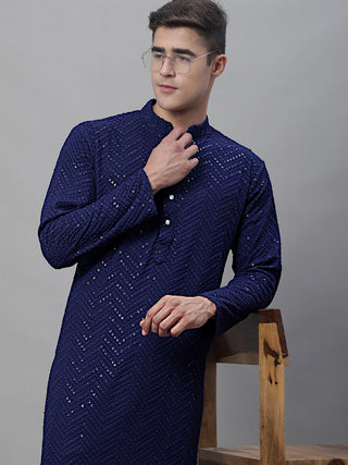 Men Navy Blue Embroidered Sequinned Kurtas