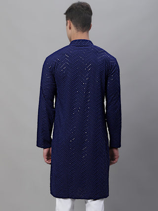 Men Navy Blue Embroidered Sequinned Kurtas