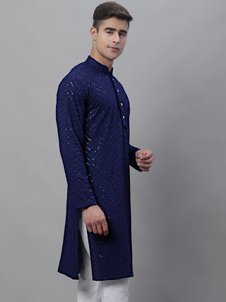 Men Navy Blue Embroidered Sequinned Kurtas