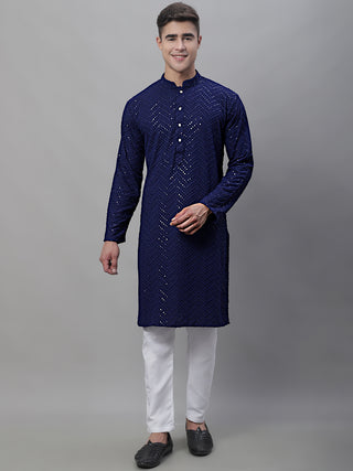 Men Navy Blue Embroidered Sequinned Kurtas