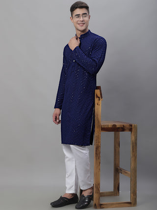 Men Navy Blue Embroidered Sequinned Kurtas