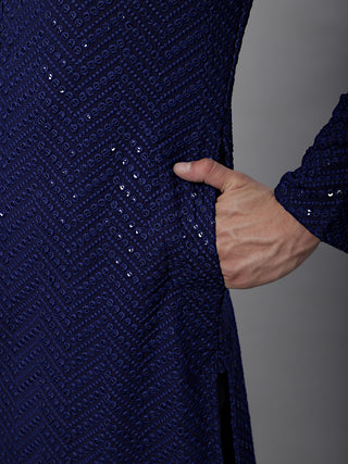 Men Navy Blue Embroidered Sequinned Kurtas