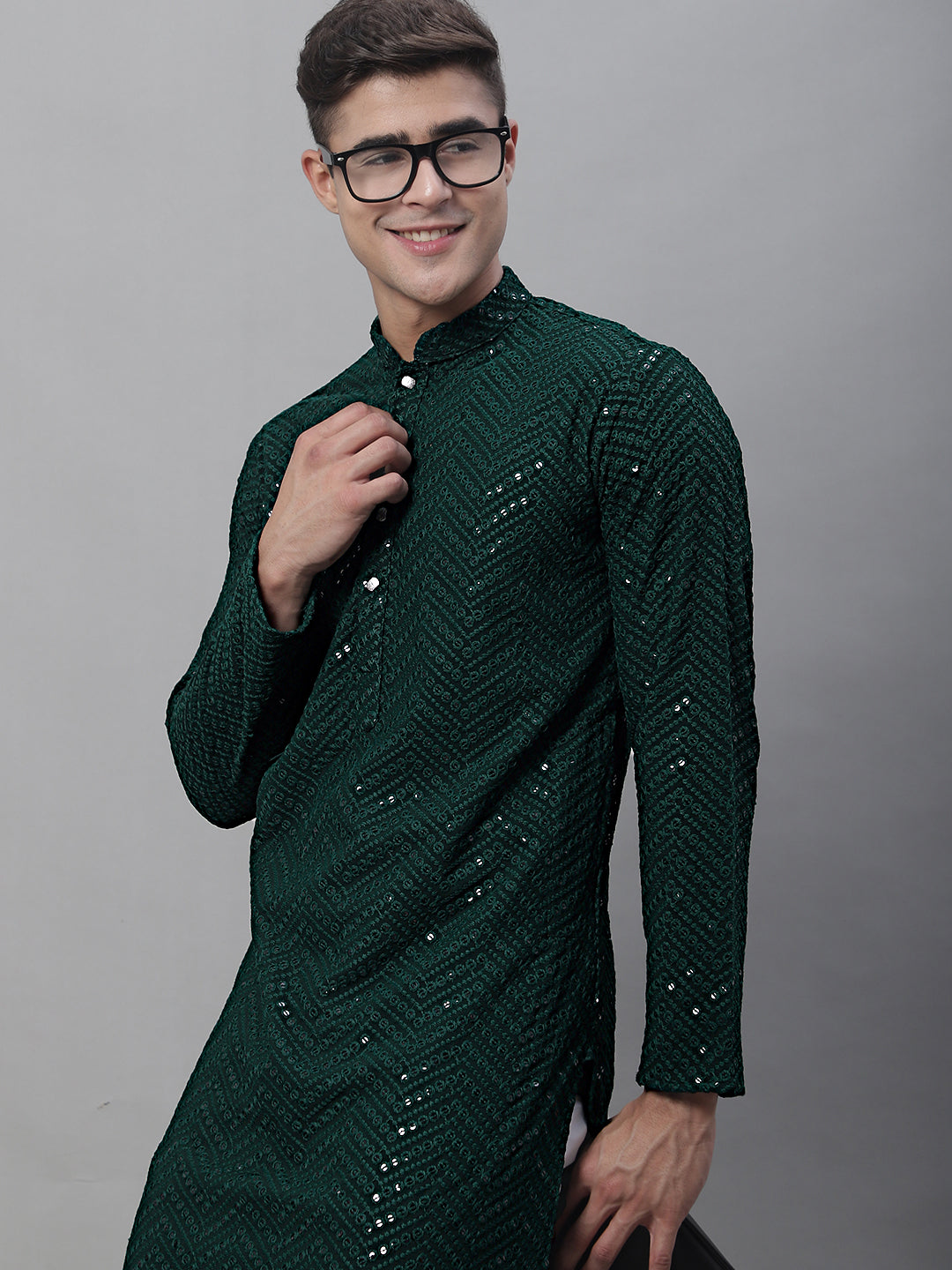 Men Olive Green Embroidered Sequinned Kurtas