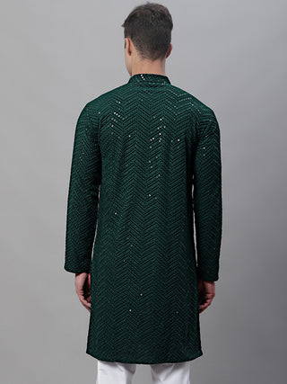 Men Olive Green Embroidered Sequinned Kurtas