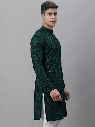 Men Olive Green Embroidered Sequinned Kurtas