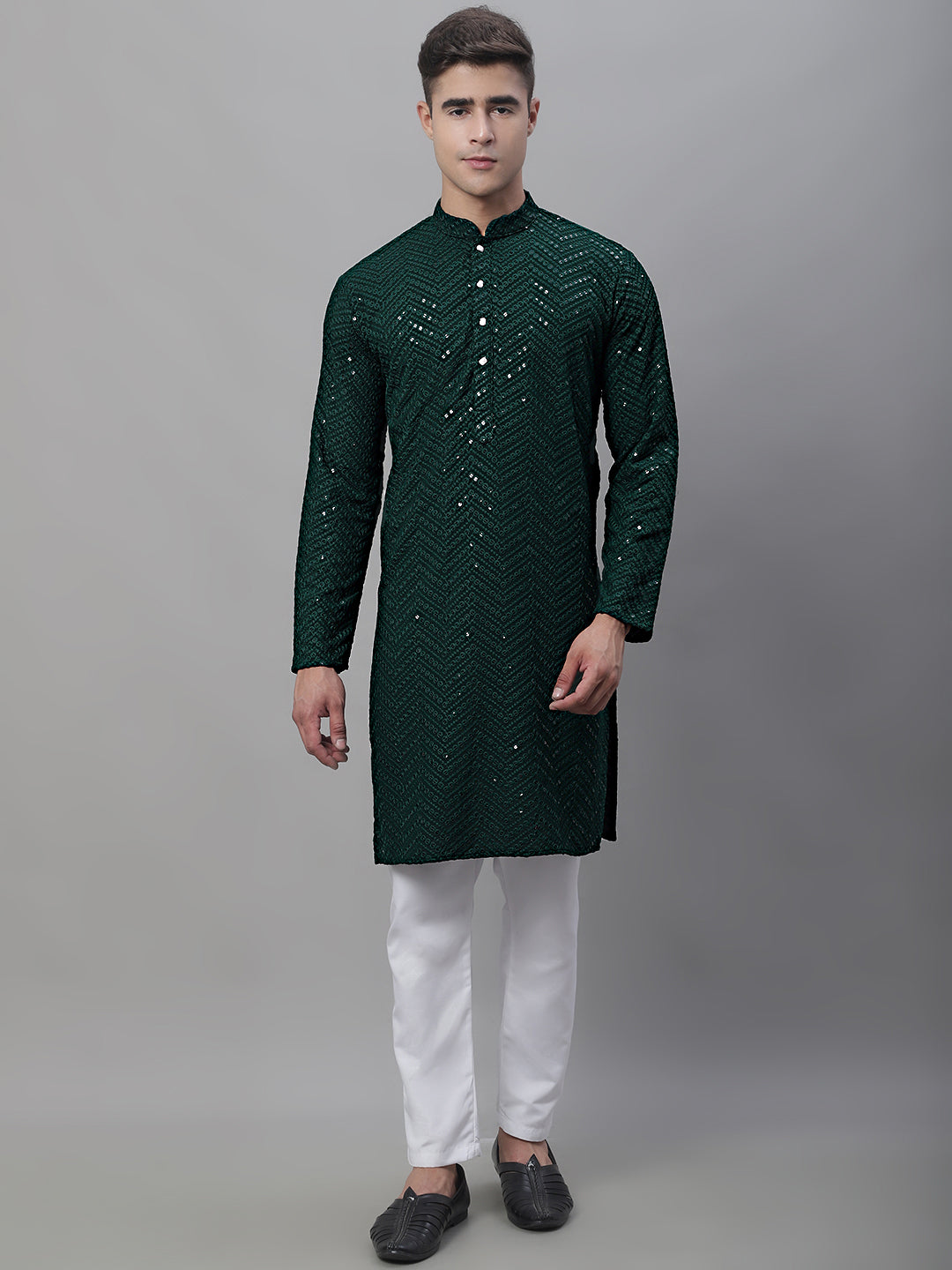 Men Olive Green Embroidered Sequinned Kurtas