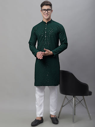 Men Olive Green Embroidered Sequinned Kurtas