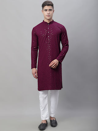 Men Purple Embroidered Sequinned Kurtas