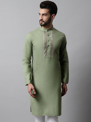 Men Pista Green Embroidered Mirror Work Kurta with Churidar