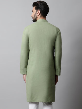 Men Pista Green Embroidered Kurtas