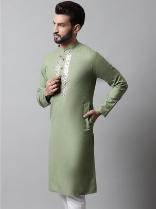 Men Pista Green Embroidered Kurtas