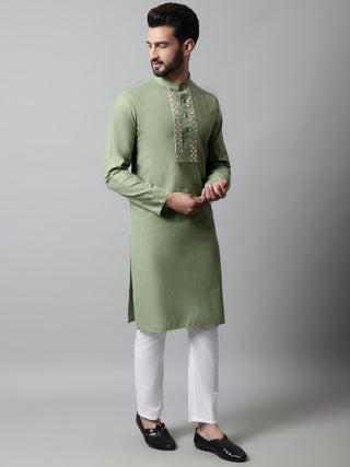 Men Pista Green Embroidered Mirror Work Kurta with Churidar