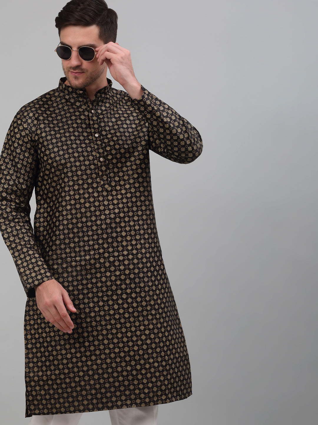 Men's Black Printed Silk Blend Kurta Only