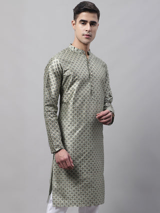 Men's Green Printed Silk Blend Kurtas