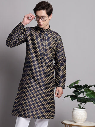 Men's Navy Blue Printed Silk Blend Kurta