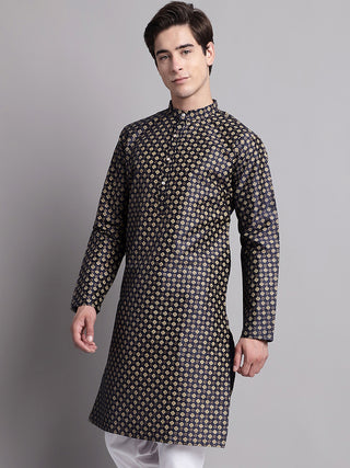 Men's Navy Blue Printed Silk Blend Kurta