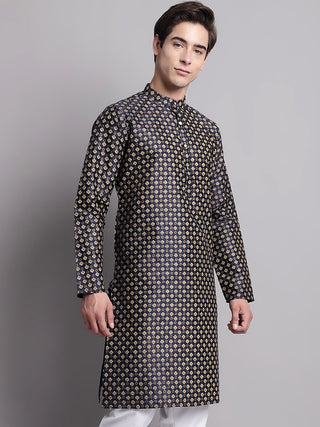 Men's Navy Blue Printed Silk Blend Kurta