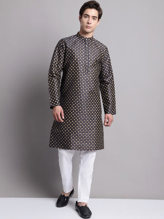 Men's Navy Blue Printed Silk Blend Kurta