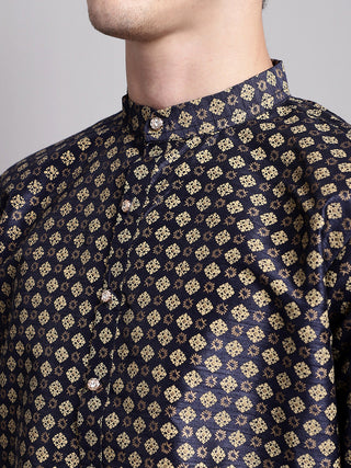 Men's Navy Blue Printed Silk Blend Kurta