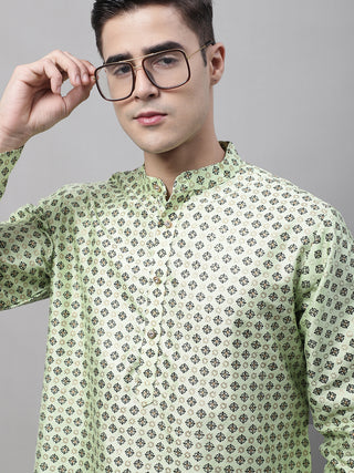 Men's Pista Green Printed Silk Blend Kurtas