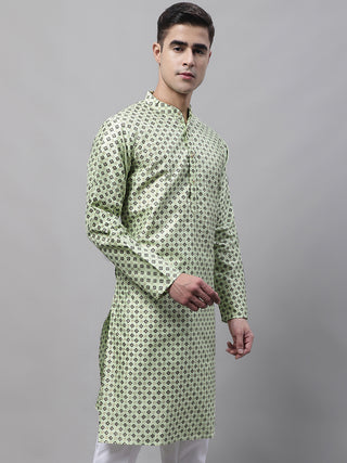 Men's Pista Green Printed Silk Blend Kurtas