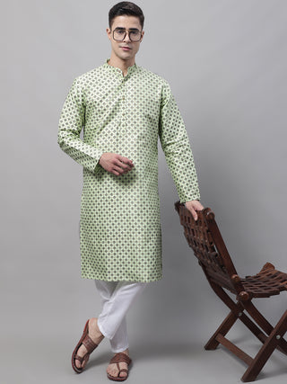 Men's Pista Green Printed Silk Blend Kurtas