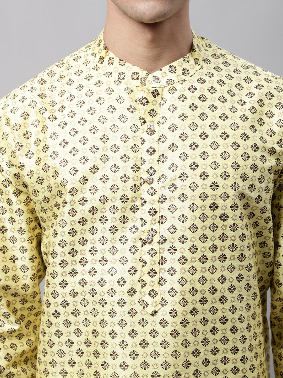 Men's Yellow Printed Silk Blend Kurtas