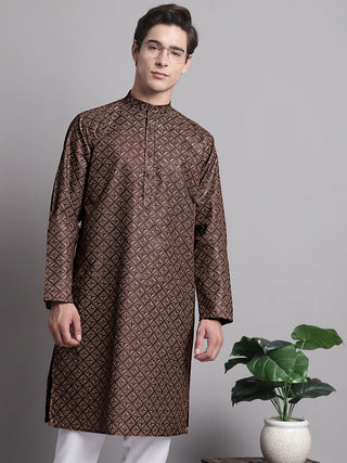 Men's Coffee Brown Printed Pure Cotton Kurta