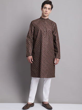 Men's Coffee Brown Printed Pure Cotton Kurta