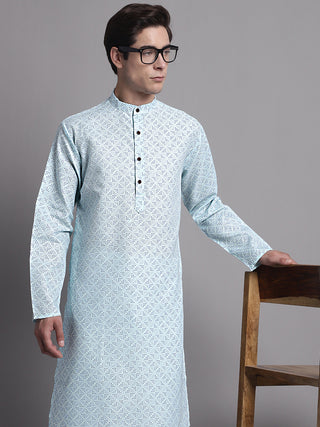 Men's Sky Blue Printed Pure Cotton Kurta