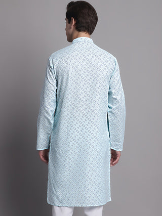 Men's Sky Blue Printed Pure Cotton Kurta