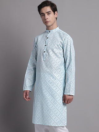 Men's Sky Blue Printed Pure Cotton Kurta