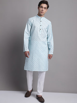 Men's Sky Blue Printed Pure Cotton Kurta