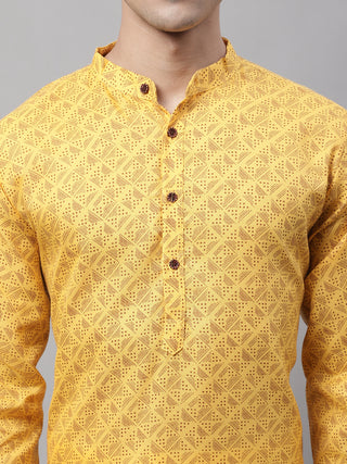 Men's Yellow Printed Pure Cotton Kurtas