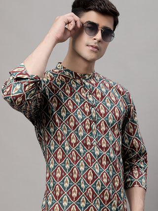 Men's Blue and Maroon Ikkat Printed Short Kurtas