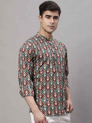 Men's Blue and Maroon Ikkat Printed Short Kurtas