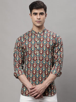 Men's Blue and Maroon Ikkat Printed Short Kurtas