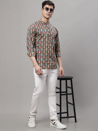 Men's Blue and Maroon Ikkat Printed Short Kurtas