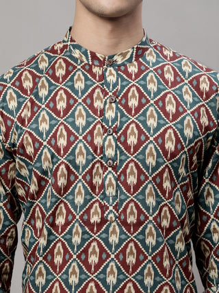 Men's Blue and Maroon Ikkat Printed Short Kurtas