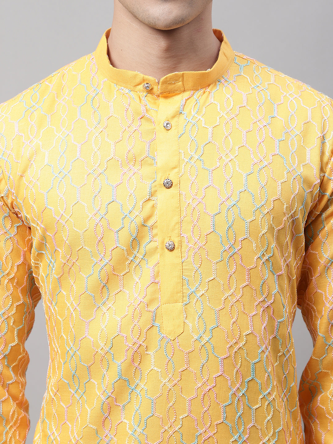 Men's Mustard and Multi Coloured Embroidered Straight Kurtas