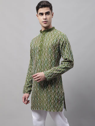 Men's Olive Green and Multi Coloured Embroidered Straight Kurtas