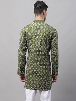 Men's Olive Green and Multi Coloured Embroidered Straight Kurtas