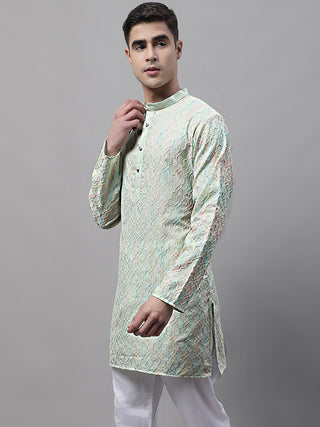 Men's Pista  Green and Multi Coloured Embroidered Straight Kurtas