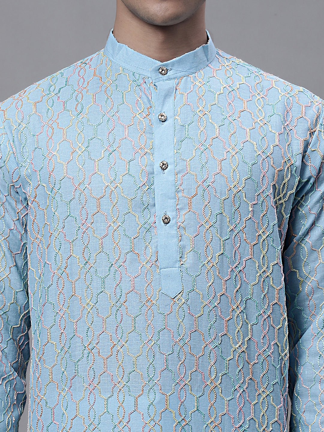 Men's Sky Blue and Multi Coloured Embroidered Straight Kurtas