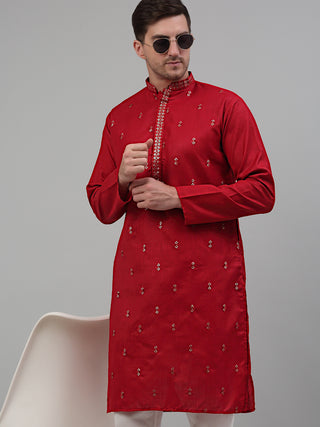 Men's Maroon Embroidered Straight Kurta Only