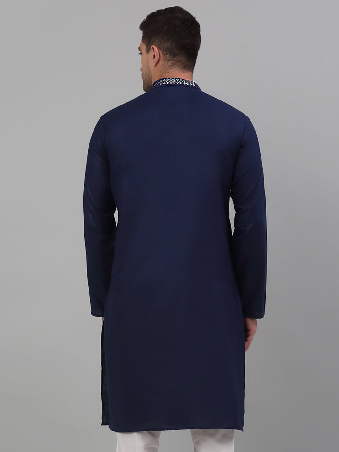 Men's Navy Blue Embroidered Straight Kurta Only