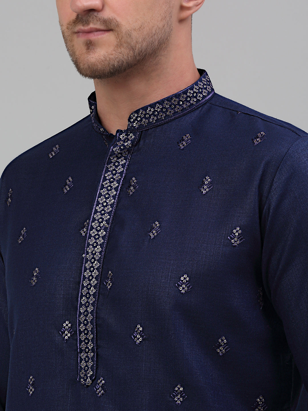 Men's Navy Blue Embroidered Straight Kurta Only