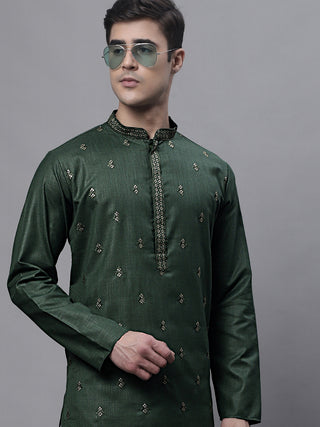 Men's Olive Green Embroidered Straight Kurtas