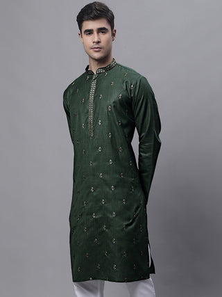 Men's Olive Green Embroidered Straight Kurtas