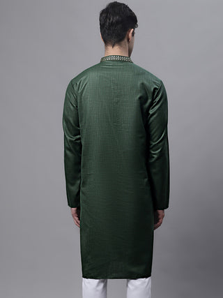 Men's Olive Green Embroidered Straight Kurtas